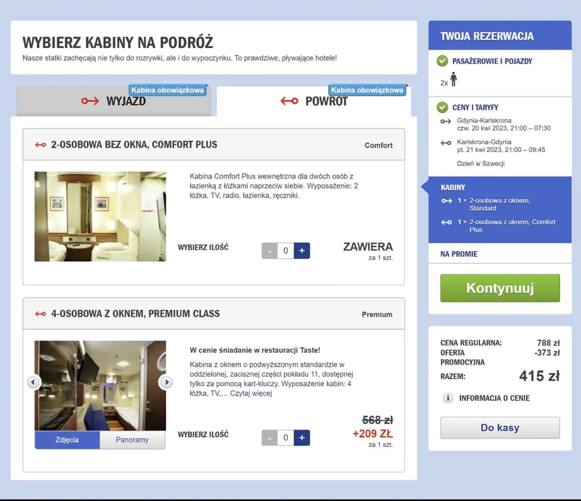 Stena line - proces rezerwacji kabiny