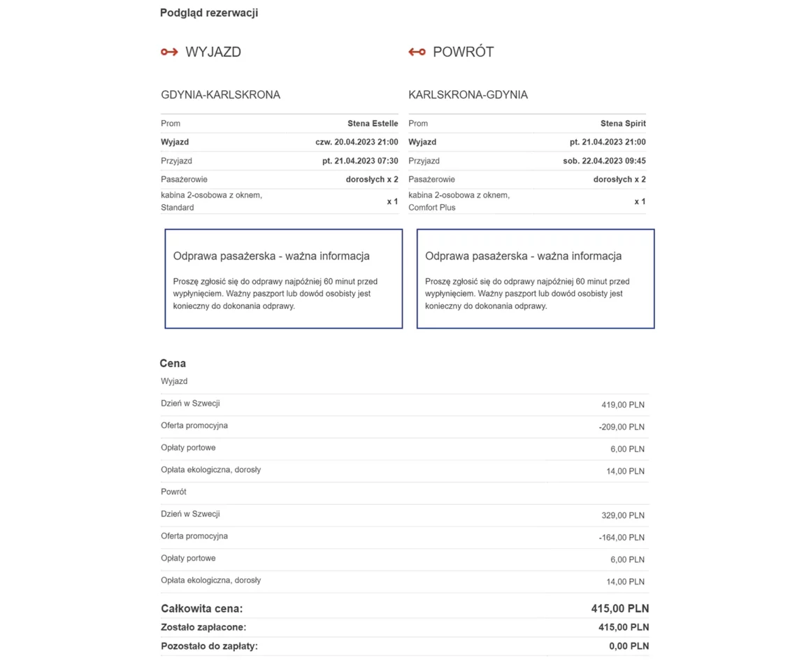 Rejs do Szwecji - potwierdzenie rezerwacji na stronie Stena Line